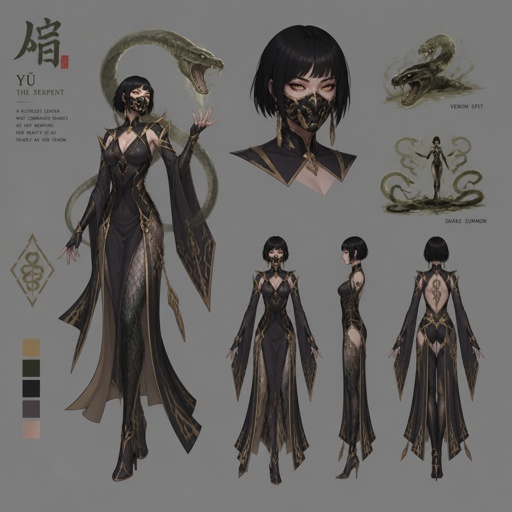 Female villain with snake powers, cool costume, mask, Asian, short hair