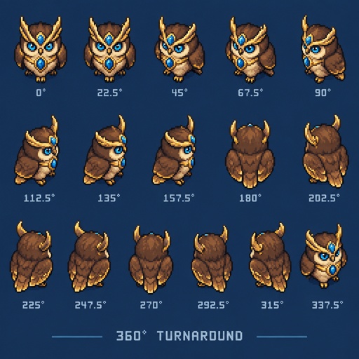 Mythical Owl for a fantasy game set in modern times, top-down style, 360, different colors