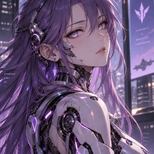 Woman, cyborg, purple long hair, rainbow eyes 
