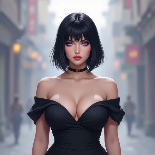 Create fat mysterious woman jet-black hair is cut sharp to her jawline, and her violet eyes seem to pierce through darkness. A shadowy aura clings to her form, faint shapes shifting and flickering behind her like whispers of another realm. Show whole body head to toe