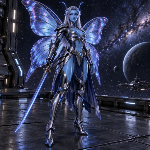 A gorgeous alien butterfly woman in a futuristic space samurai armor. Show whole body. 