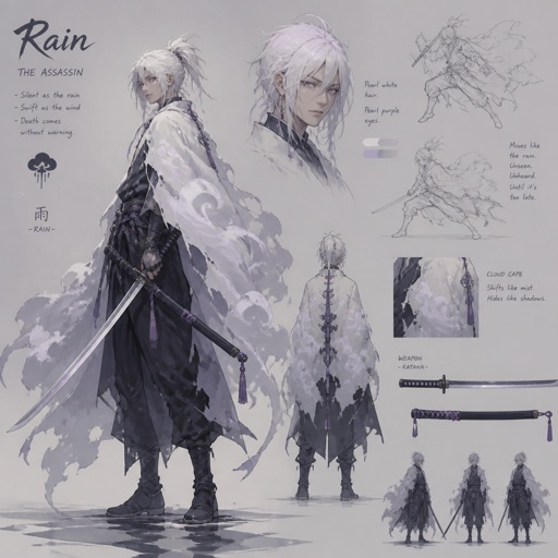 assassin based on clouds, name rain, pearl white hair, pearl purple eyes, cloud cape, katana