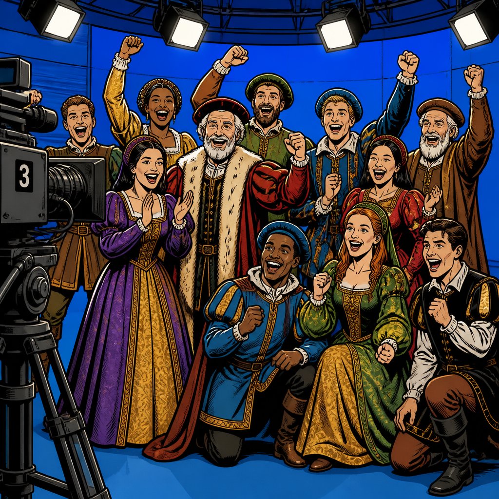 No print dots, highly realistic, vivid colours no speech, bubble allowed cheering group of young and old male and female are in a TV studio audience. They’re all wearing renaissance robes. The predominant colour of the studio is blue. We see a camera off to one side pointing at them.