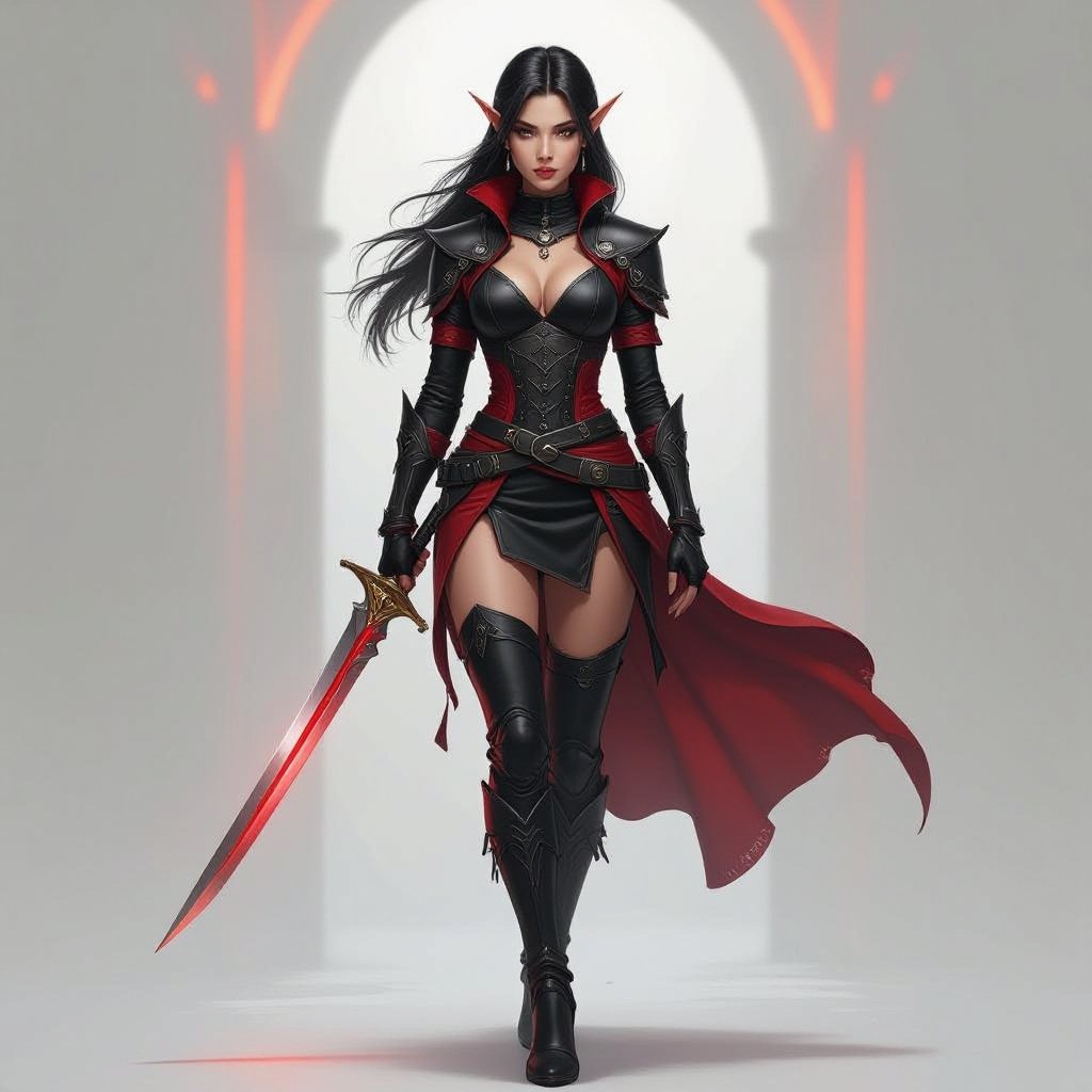 Female High Elf Assassin in Black and Red Leathers and Skirt