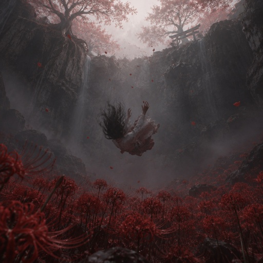 Person falling from a Cliff Deep into a pit Full of red spider-lillies , blooming trees on top of the Cliff, the person has Long hair which covers the head (because he is falling)