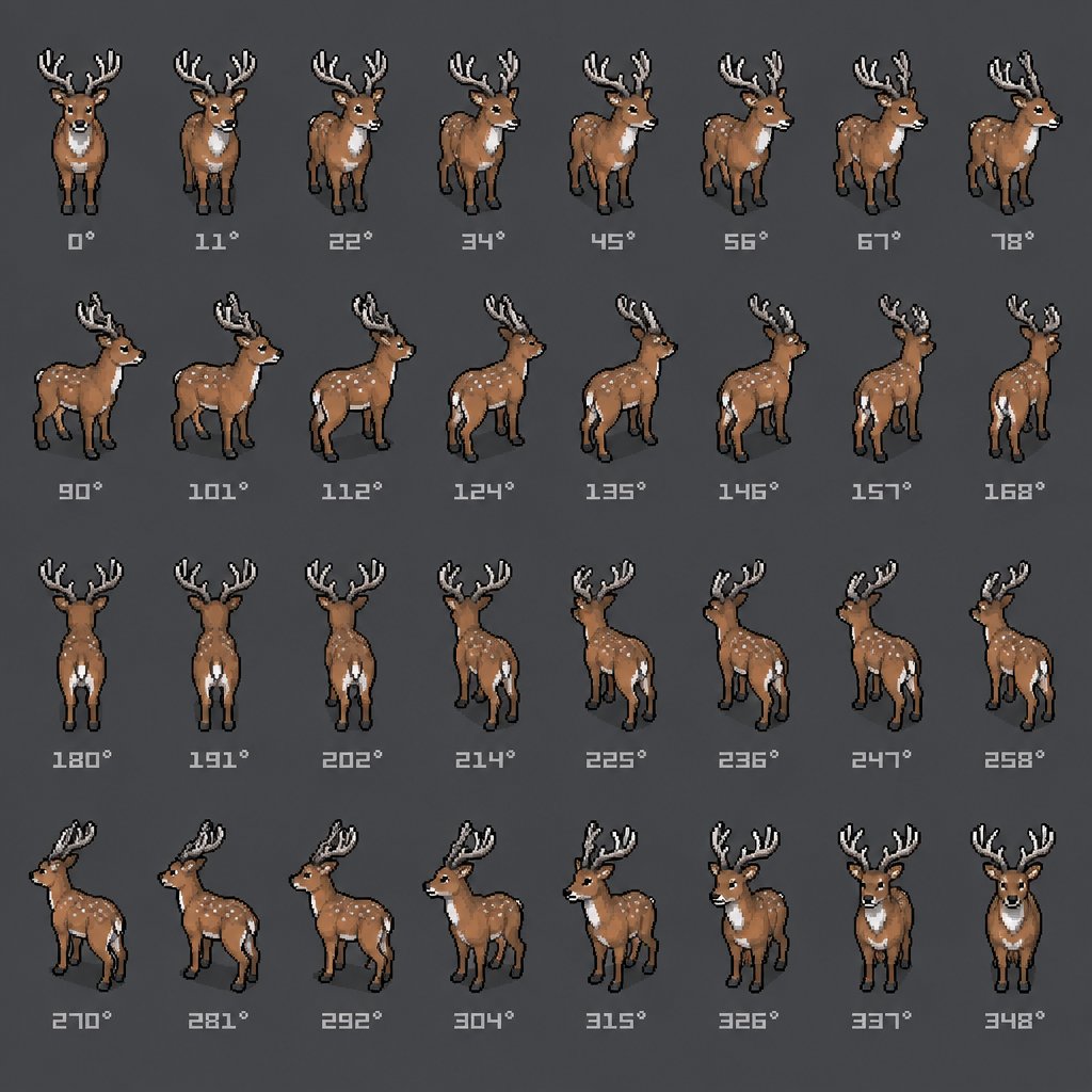 Animal deer for a fantasy game set in modern times, top-down style, 360, different colors