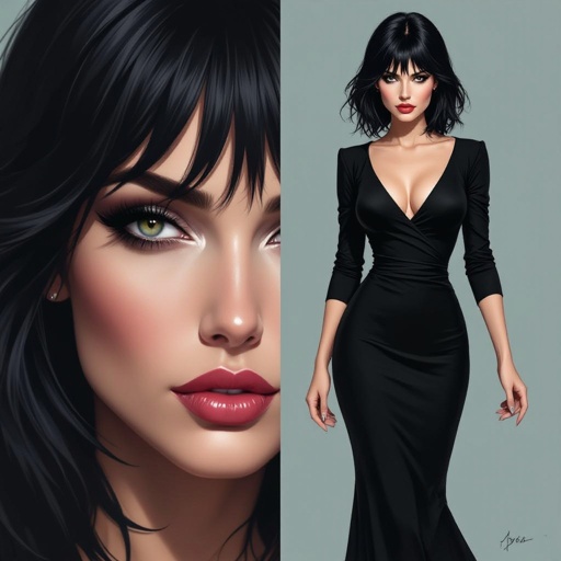 Show character head to toe. Create a mid age mysterious woman jet-black hair is cut sharpand her eyes seem to pierce through darkness. A shadowy aura clings to her form,