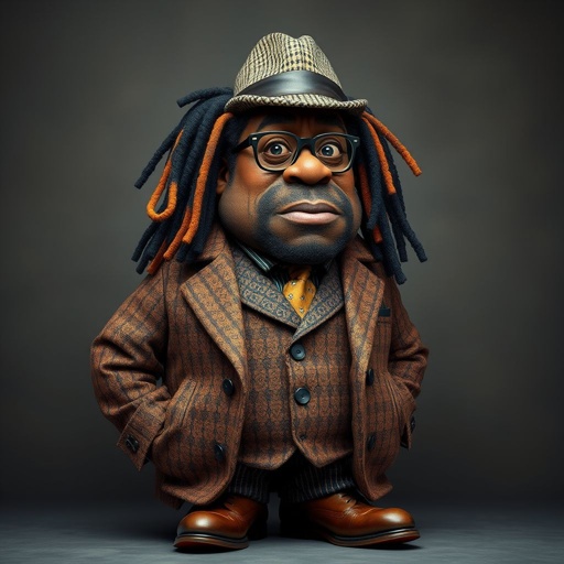 Create a funny fat character similar to Sherlock Holmes, but make him of black decent and with dread locks. Show his whole outfit including his shoes.