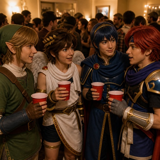 Super smash brothers link from legend of Zelda, pit from kid Icarus, Marth from fire emblem, Roy from fire emblem, at a party drinking alcohol 