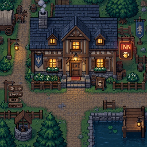 Inn for a modern fantasy game, exterior, top down style