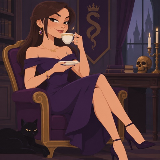 Female, slim, brown cheek length smooth front hair, long back hair, freckles, dimples, long eyeliner, upturned nose, drinking tea, bad guy, knee length purple dress off the shoulders, jewelry, necklace infinity symbol, heels, wedding ring, smirk, no cleavage showing
