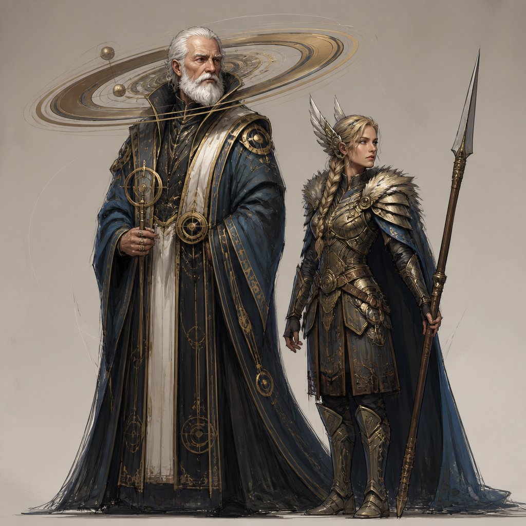 time lord with saturn rings white beard, valkyrie companion