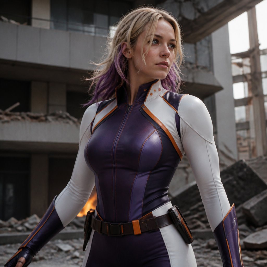 Adult girl with blonde hair and dark purple tips wearing a pro hero outfit