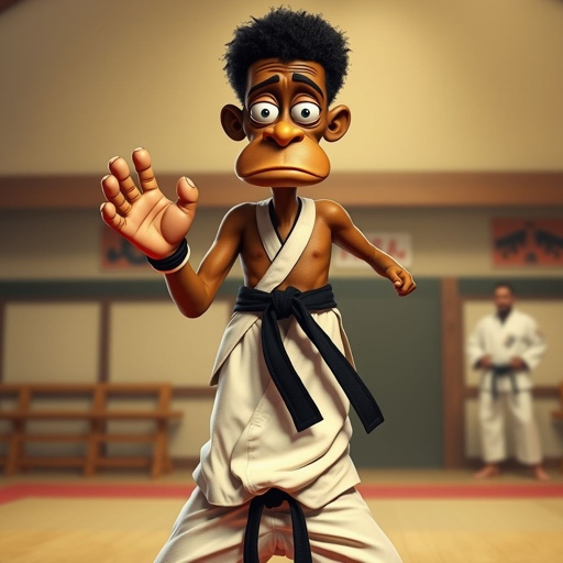 Create a character who looks like a funny African karate guy who doesn’t have a clue what he is doing. Make him have weird toes, only speedos on and a black karate belt. Make him tal skinny and slinky.
