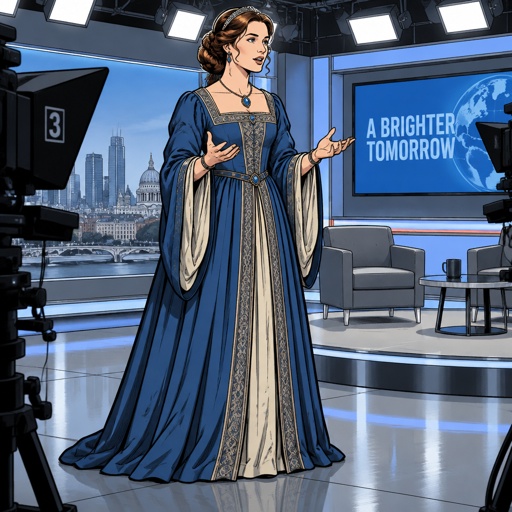 We are in a TV studio, whose main colours are blues greys the fluorescent lighting unannounced or stands in front. She’s dressed in renaissance robes and she is speaking. No speech bubbles no print dots vivid colors. Lots of depth show her full body.