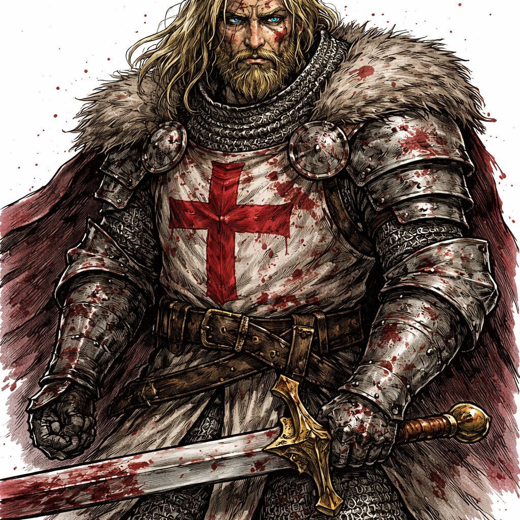 A male battle damaged crusade knight with heavy armor with a beard and a legendary sword blonde hair blue eyes and a large scar across his face tall and muscular with blood