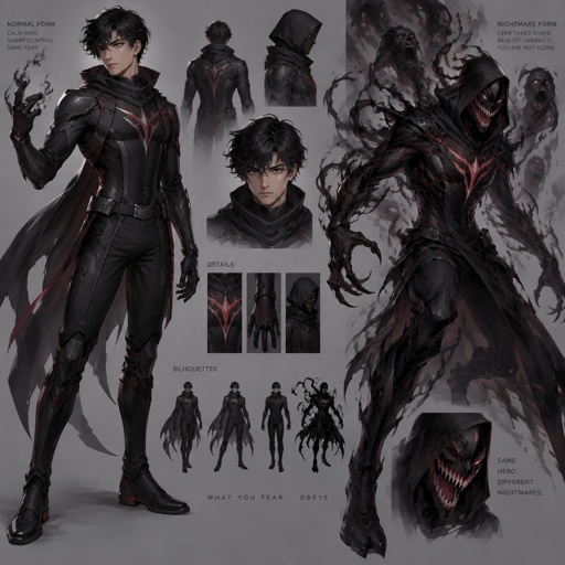 Young Male Superhero with fear manipulation, cool costume, can become a nightmare 