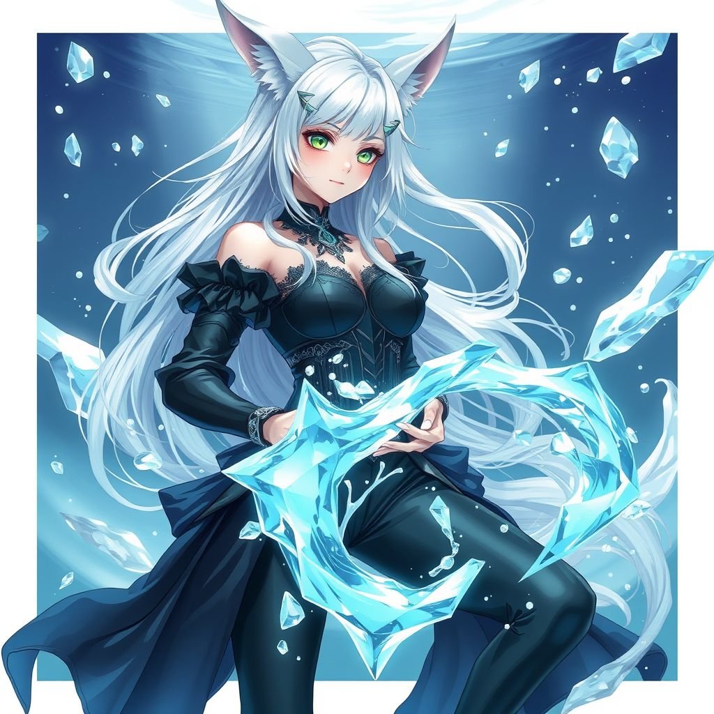 A teenage girl with pale skin and emerald eyes wearing black royal top and trousers with long white hair and small fox ears conducting ice in the depths of the ocean