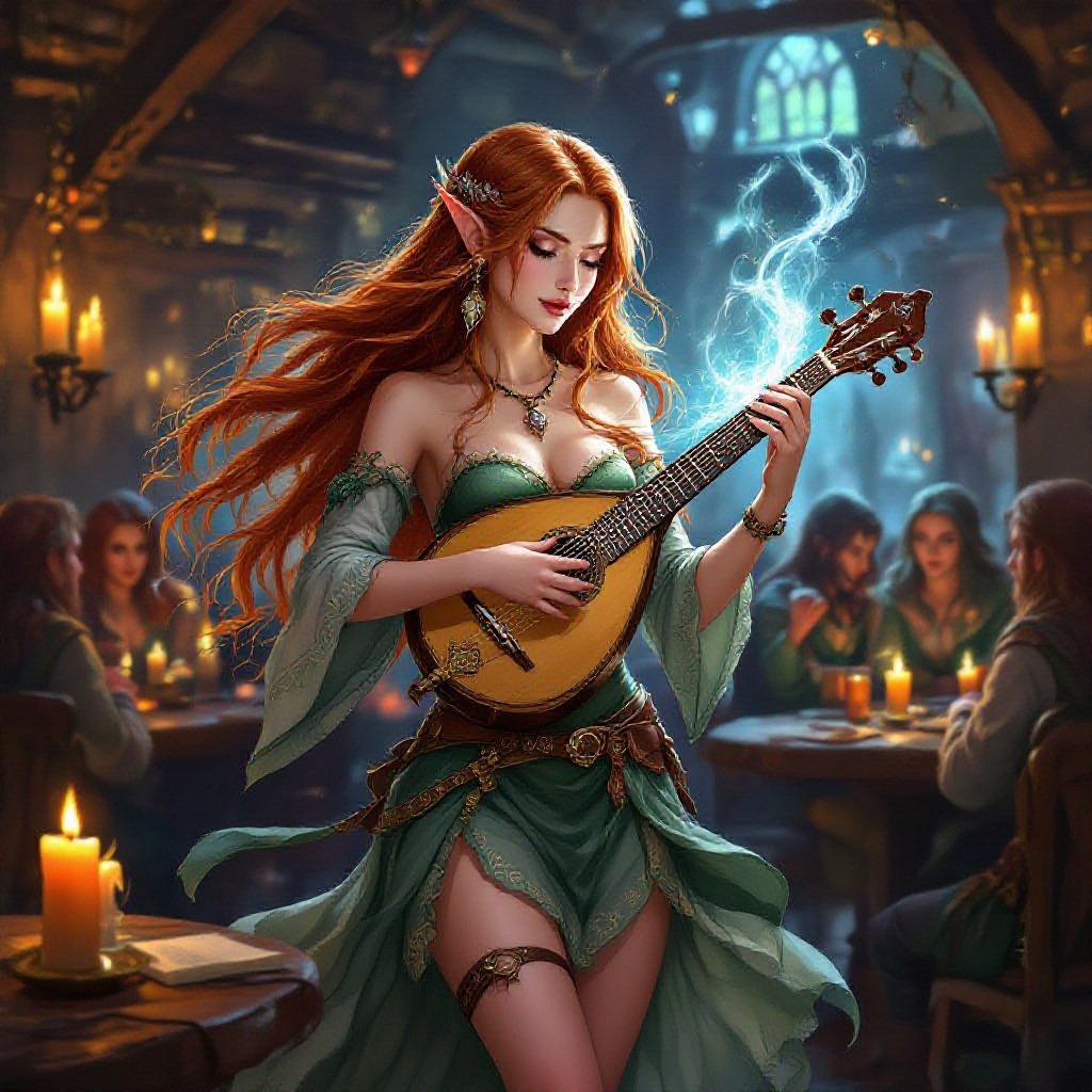A beautiful elven bard with red hair. In tavern. Playing a lute. Wearing a very short dress. 