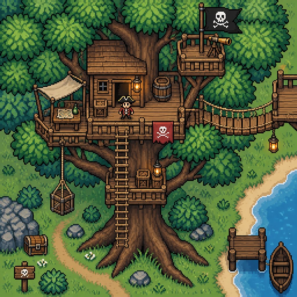Tree house made by a pirate for a fantasy game set in modern times, top-down style