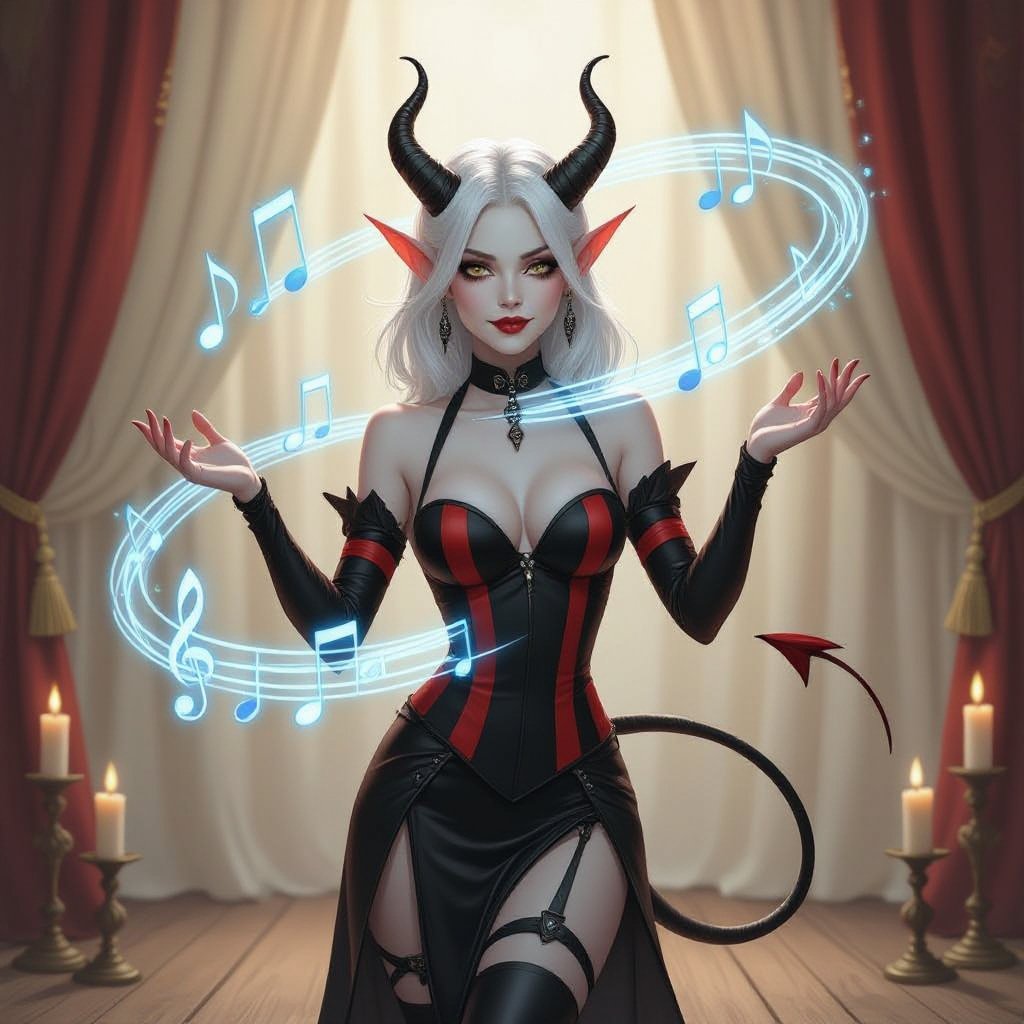 The image depicts a semi-realistic fantasy character performing on a softly lit stage. She’s a tiefling — a humanoid figure with small curved horns, pointed ears, and a slender tail tipped in dark red and black. Her skin is porcelain-pale, and her long silver-white hair flows past her shoulders beneath a black beret.  She wears a whimsical mime-inspired outfit: a sleeveless black and deep-red striped dress with suspenders, matching thigh-high stockings, and long gloves in the same pattern. A bright red neck scarf provides contrast, and her makeup exaggerates her expressive features — dark eyeshadow, vertical lines beneath her eyes, and small red lips parted in mid-song or gasp.  Around her, faint glowing blue musical notes spiral through the air, suggesting she’s singing or casting a magical performance. The background shows a wooden stage framed by ivory curtains and soft candlelight, giving the entire scene a theatrical, vintage cabaret atmosphere.  The overall mood blends elegance, whimsy, and a hint of melancholy — as if this performer’s music carries both laughter and longing.