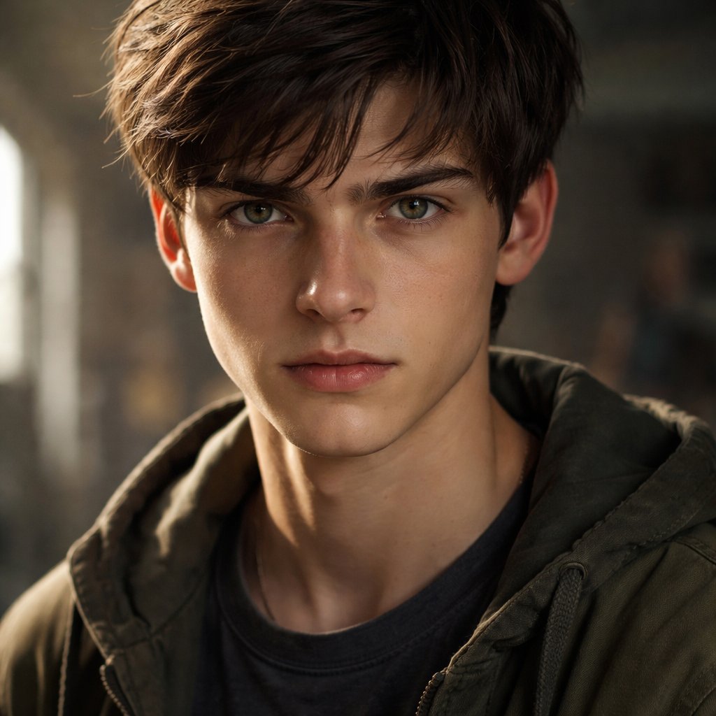 A 19 year old boy who has dark brown hair and dark green eyes. He looks determined.