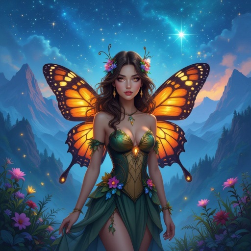 Woman with brown hair and eyes in a butterfly costume in the mountains 