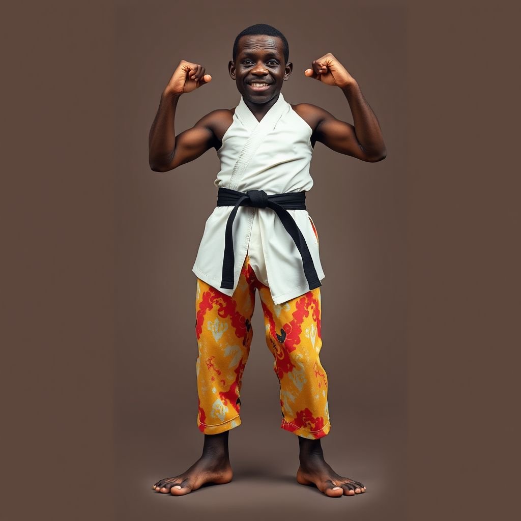 Create a character who looks like a funny African karate guy who doesn’t have a clue what he is doing. Make him have weird toes, only speedos on and a black karate belt.