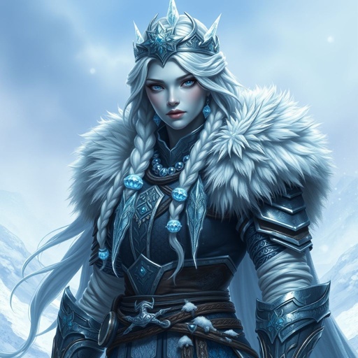 Create a character head to toe showing the whole character, meaning legs feet body face everything: A tall, battle-hardened woman with pale, icy-blue skin. Her long silver hair flows in braids tipped with frozen beads. She wears heavy, fur-lined armor made from the hides of snow beasts. Her eyes glow faint blue. A frost-shaped crown rests lightly on her head.