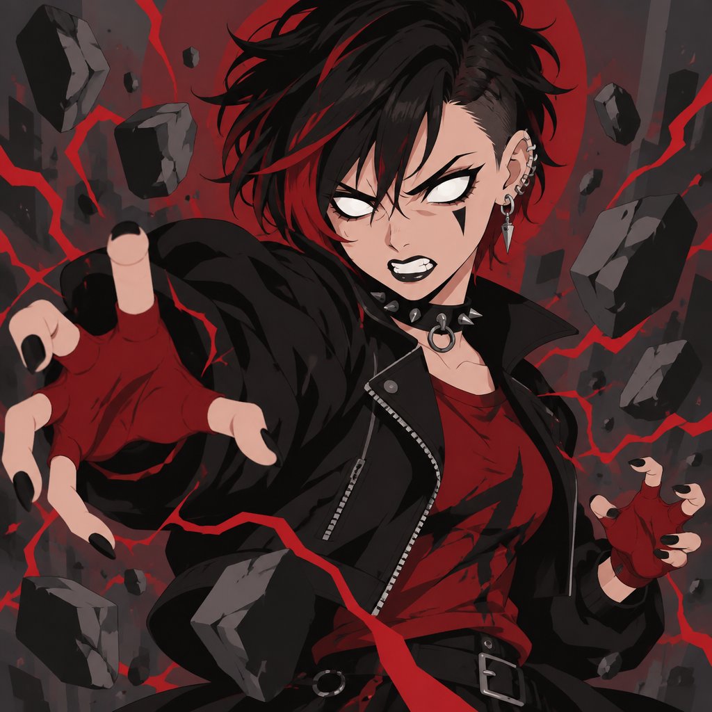 Female, black hair red streaks, half cut messy short hair, white eyes, black spike under eye, ear piercings, choker, black jacket with puffed sleeves, red shirt, fingerless red gloves, angry, using spasm powers