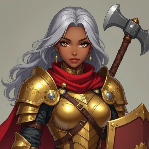 african american woman, knight, gold armor, red scarf, red tabard, gray hair, brown eyes, war hammer, shield, portrait