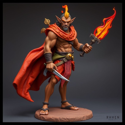 Create handsome hero Rhen the Fire – A lean, muscular man. He wears layered, flowing desert robes dyed in warm reds and golds, with scorch marks where flames have licked them. A curved blade hangs at his hip. Show whole body head to toe including her shoes.
