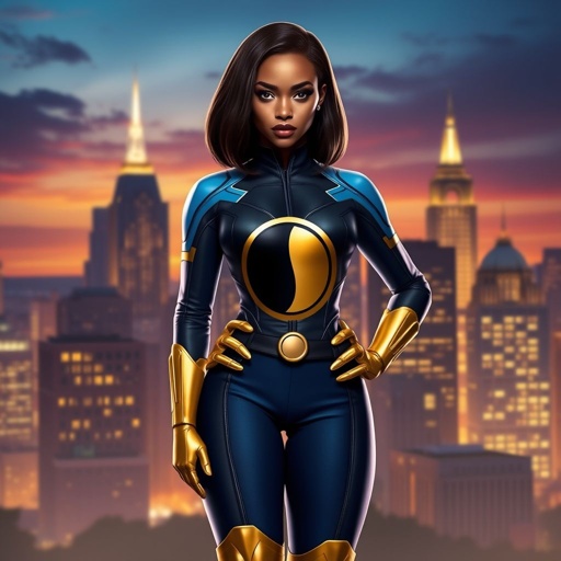 African American female superhero with hair in a shoulder length side part hairstyle with pure Gold Glowing eyes wearing a black blue and gold accented suit with navy blue pants and gold knee length boots with a V with the top half gold and the bottom half black as her chest emblem in Philadelphia