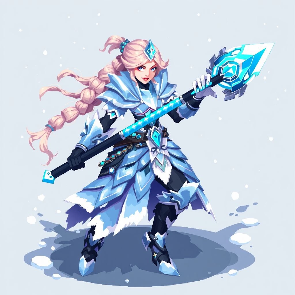Create a battle woman hero called Alvara the Frostheart. Show full body head to toe including shoes 