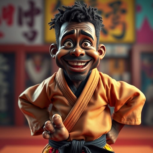 Create a character who looks like a funny African karate guy who doesn’t have a clue what he is doing. Make him have weird toes, only speedos on and a black karate belt.
