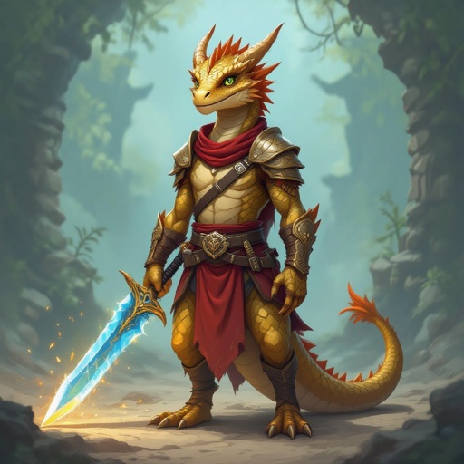 Make golden Dragonborn. Scrawny build. Wields a blue and gold short sword. He is missing three fingers and 70% of his tail. He is dressed in plain clothing and wears a red tunic and black ring.