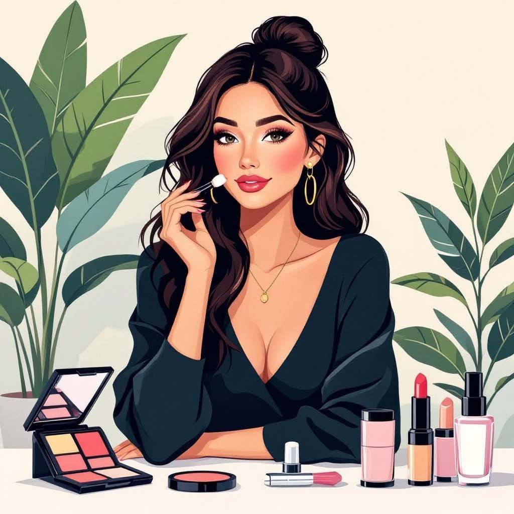 Create a character showing there whole body head to toe, a lady who loves beauty products  