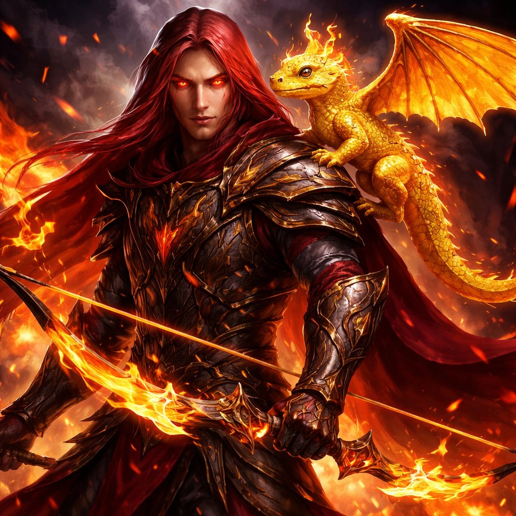 A flame archer with a winged salamander on his shoulder