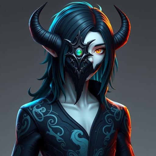 A pale young man with black hair and teal-coloured highlights with golden eyes. Wears a dark, close-fitting outfit adorned with cloud patterns, and a mask inspired by exorcism rituals, featuring horns and a centre eye. His design incorporates elements of antiquity and ethereality, balancing practicality with a sense of otherworldliness.