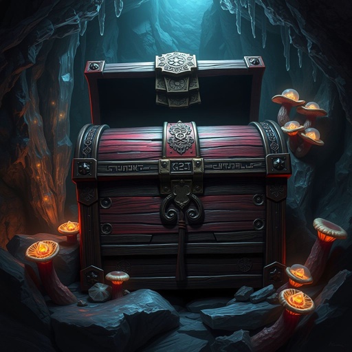 Closed elegant wooden treasure chest with red banding sitting on cave floor by itself