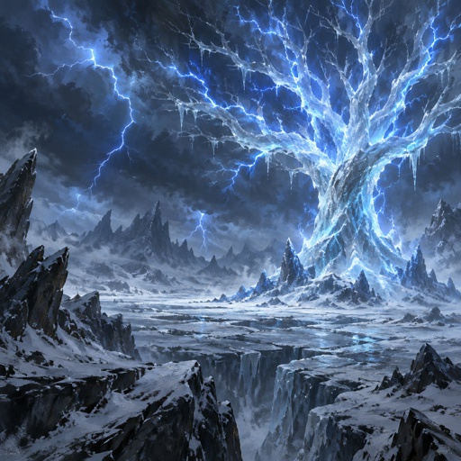 blue lightning storm in a ice waste land, lightning trapped in a ice tree formation
