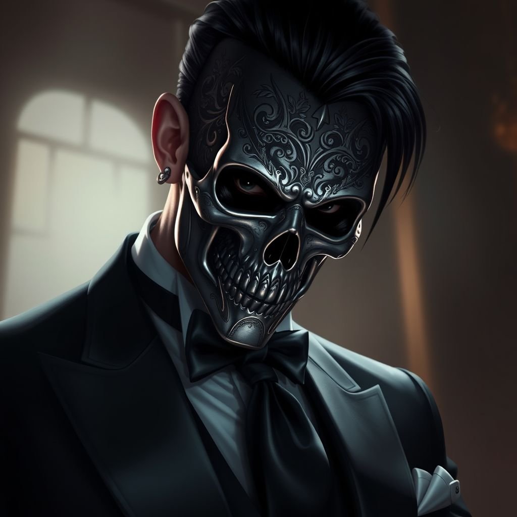 A man in a black tux with a metal skull mask on