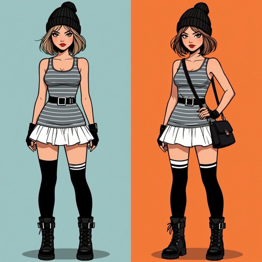Light Brown Short Hair Babe Striped gray tank dress with white ruffled mini-skirt, thigh-high socks, chunky black buckle boots, black beanie, and cross-body bag — casual goth-punk streetwear.