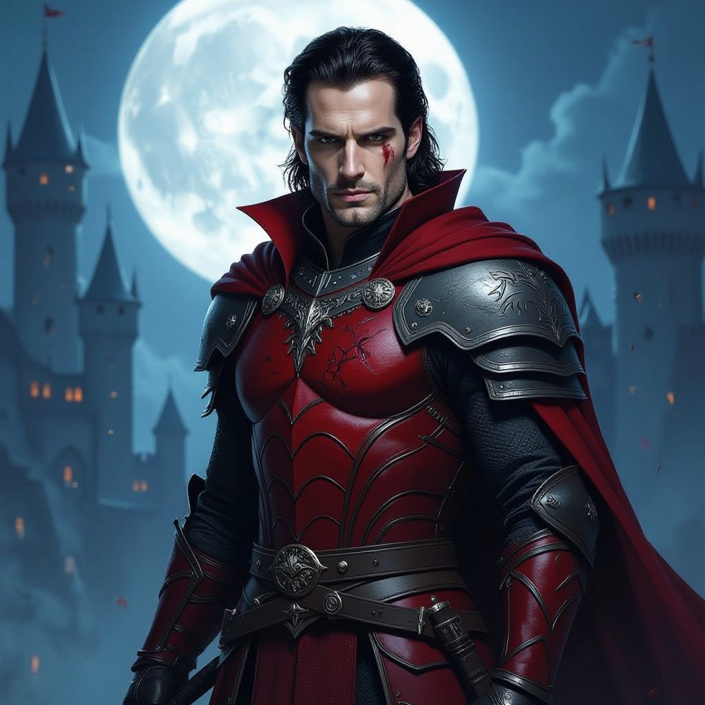 knight with his helmet off, dark hair, pale skin tone, red vampire armor, henry cavill like face, some scars, slicked back dark hair, full body portrait, night castle background