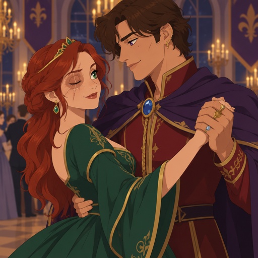 A princess, red hair swooped more on the right side hair is not blowing ,green eyes, right eye is scar and blind, she is wearing a green beautiful princess dress with golden rims on the bottom of dress, earrings, A prince, brown hair down to his neck, part of his hair is dropping down the right side of his head covering his eye a little more, beauty mark on right side cheek, cheekbones, purple eyes nice eyelashes,three earrings, multiple rings done with diamonds some jade some just golden, wearing a purple cape with a blue circular jewel with a gold rim around it on the left side of his cape, red shirt with a golden rim from the collar down the shirt, sleeves are folded with golden rim around it and in the middle the sleeves three buttons in the middle of sleeves,they are in the ballroom dancing 
