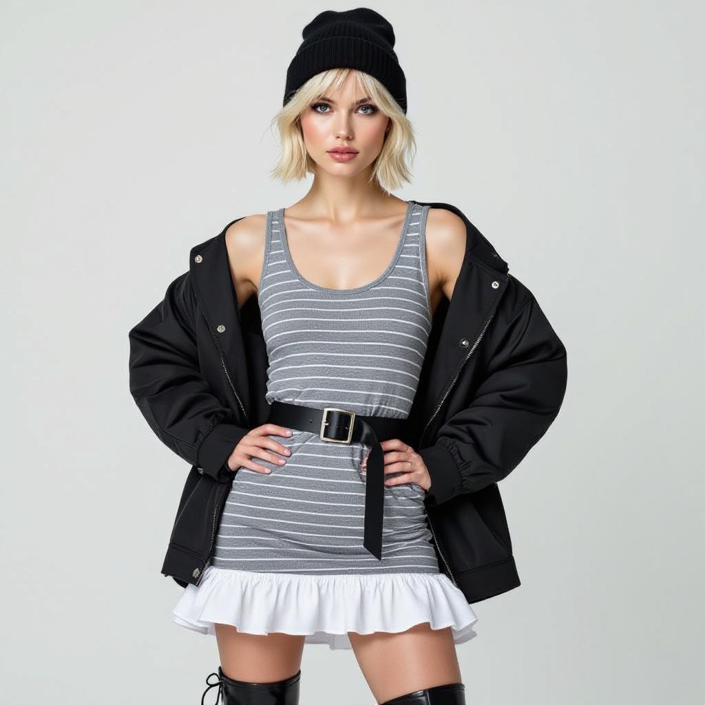 Veronica White wears a gray-striped tank dress with a white ruffled hem, cinched by a black belt. A loose black jacket hangs off her shoulders, paired with thigh-high black boots and a beanie. Her short blonde hair frames sharp eyes and a calm, defiant expression. The look is casual yet edgy—part scientist, part street rebel—hinting at the brilliance and darkness beneath her composed exterior.