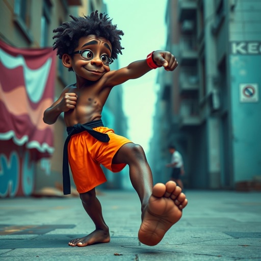 Create a character who looks like a funny African karate guy who doesn’t have a clue what he is doing. Make him have weird toes, only speedos on and a black karate belt.