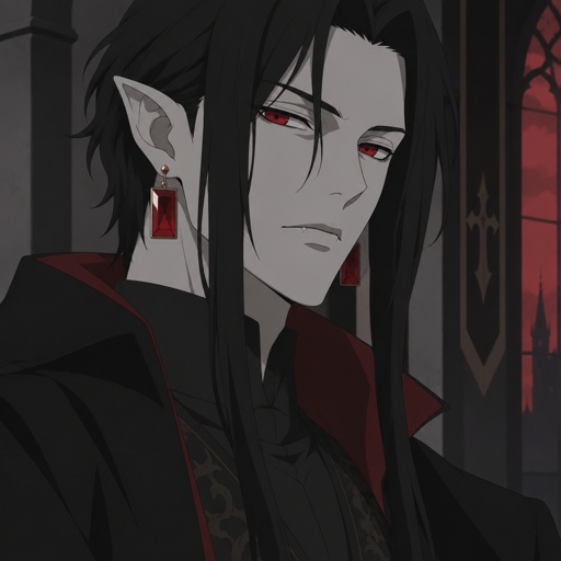 Male vampire, black hair long in the front short in the back hair of ears in the middle of face dropping,red eyes,pointy ears,gray skin,cheekbones,big red square earrings 