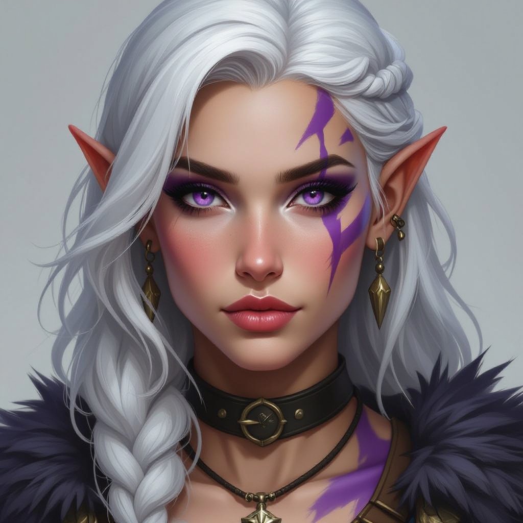 A female Goliath dnd character who has white hair and skin with purple streaks across her face and body and deep violet purple eyes
