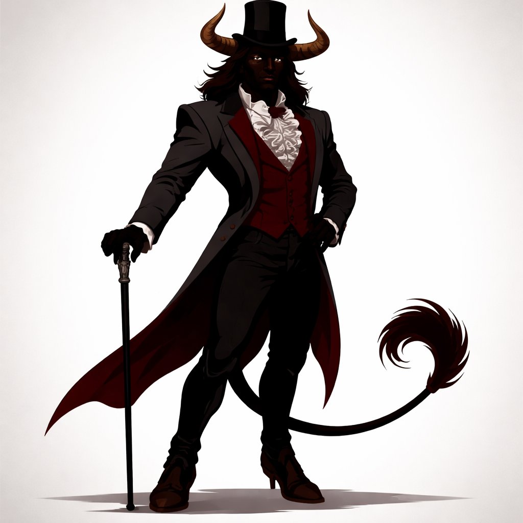 A captivating chestnut brown male Minotaur that’s 6 1/2 feet tall with well~proportioned figure/body with deep set cattle like brown eyes, large powerful gleaming horns like his fathers, a , long tail. He works at freak show as the ringmaster and his abilities are Reality Rejection, Time Manipulation (Chronokineses), Zoolingualism (Language of Cattle only), Human Speech. His outfit consists of a crimson tailcoat, frilly shirt, stunning grey blazer, black pants and top hat.